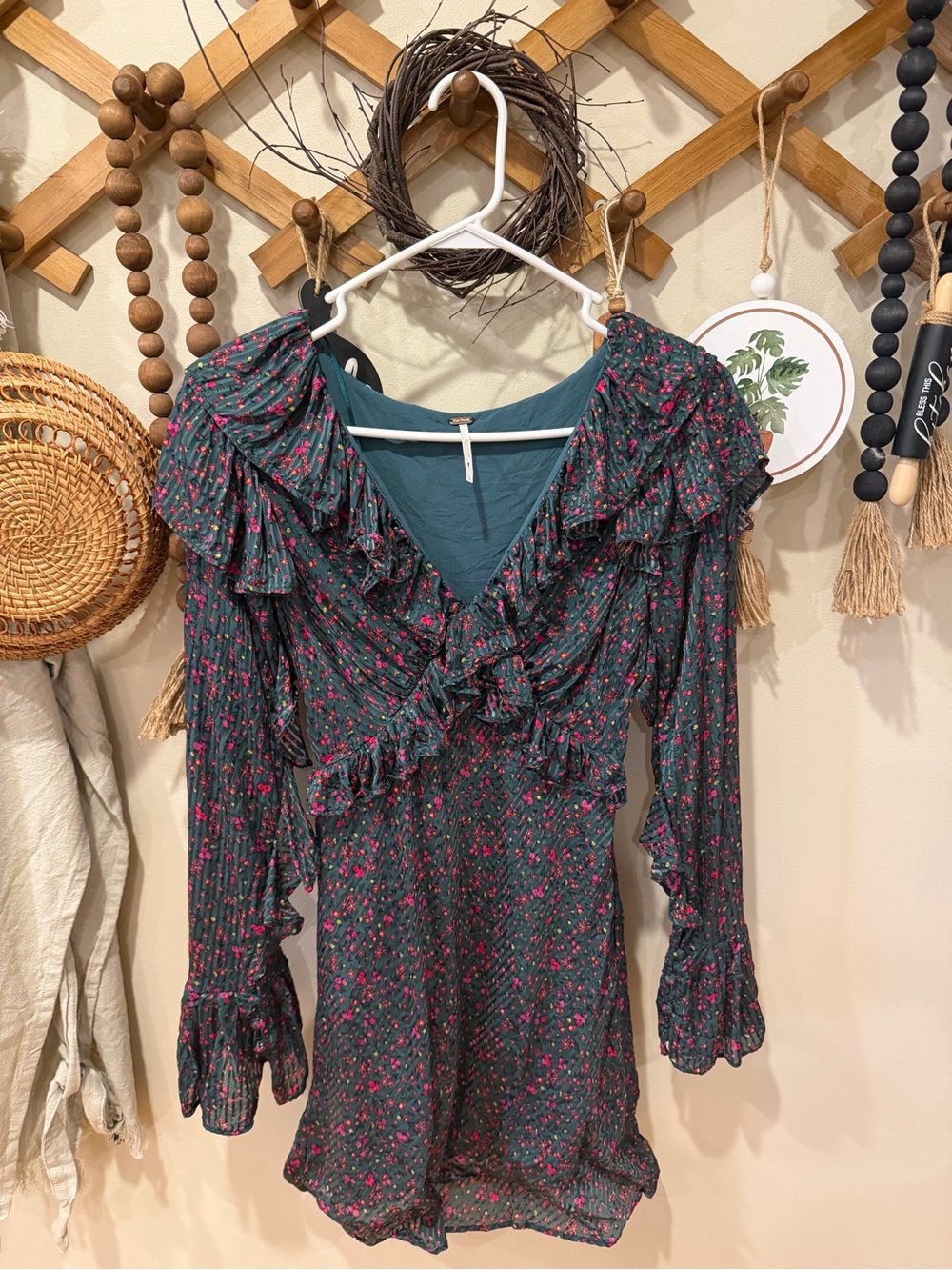 Free People Teal Floral Ruffle V-Neck Long Sleeve Tunic